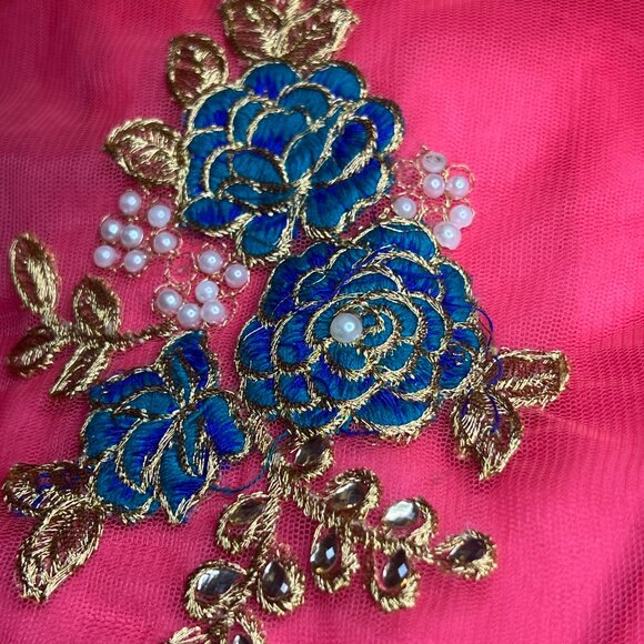 Indian Wear Pink Sheer Embroidered Skirt with Blue Floral & Gold Detailing – For - Picture 2 of 2